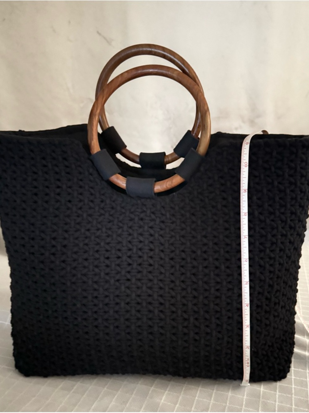 Sam Edelman Circus Black Macrame Tote Bag with Wood Ring Handles